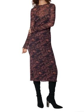 Lost + Wander Contessa Long-Sleeve Marble-Print Midi Dress in Brown and Black